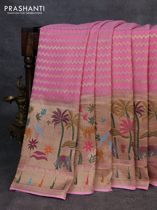 Banarasi semi georgette saree light pink with allover zari zigzag weaves and paithani style border