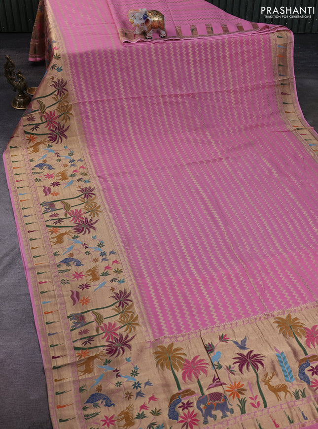 Banarasi semi georgette saree light pink with allover zari zigzag weaves and paithani style border