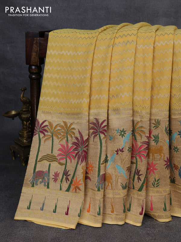 Banarasi semi georgette saree pale yellow with allover zari zigzag weaves and paithani style border