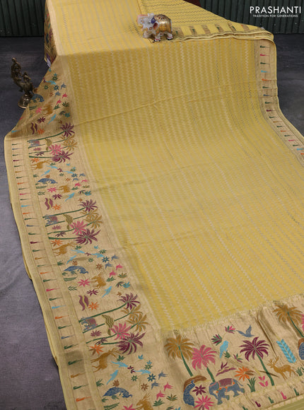 Banarasi semi georgette saree pale yellow with allover zari zigzag weaves and paithani style border