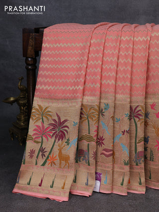 Banarasi semi georgette saree peach orange with allover zari zigzag weaves and paithani style border