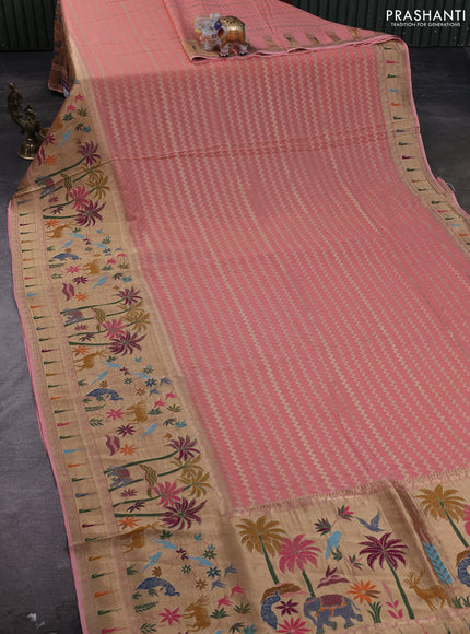 Banarasi semi georgette saree peach orange with allover zari zigzag weaves and paithani style border