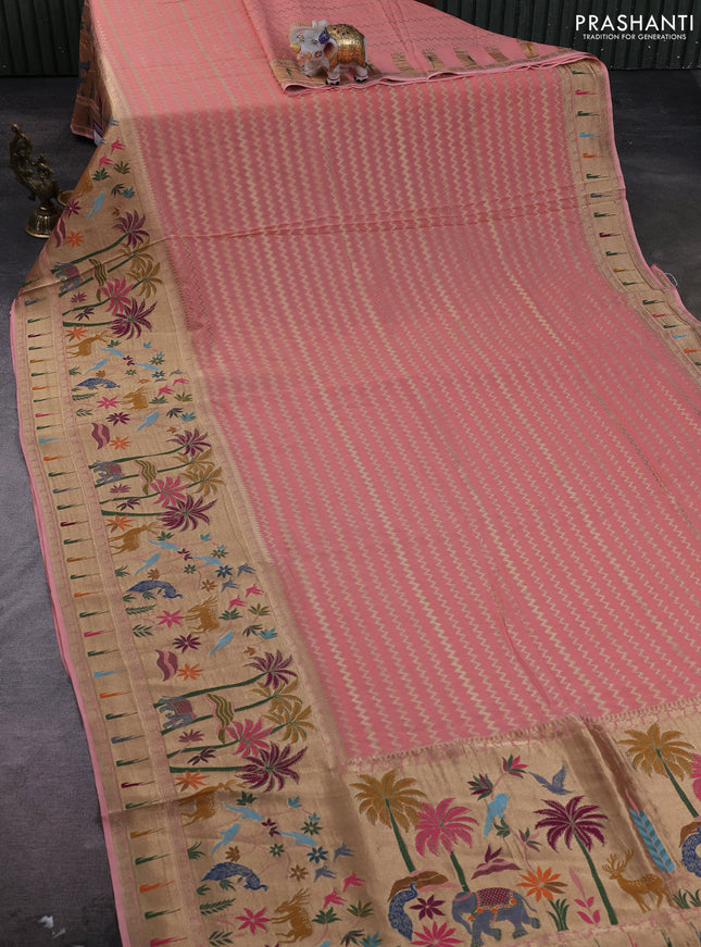 Banarasi semi georgette saree peach orange with allover zari zigzag weaves and paithani style border