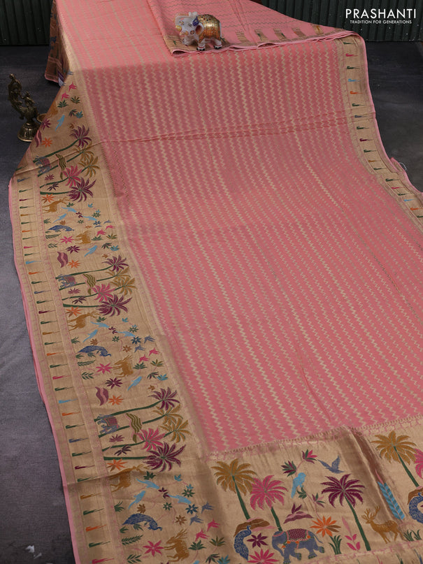 Banarasi semi georgette saree peach orange with allover zari zigzag weaves and paithani style border