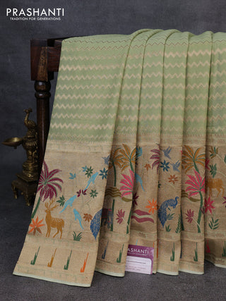 Banarasi semi georgette saree pista green with allover zari zigzag weaves and paithani style border