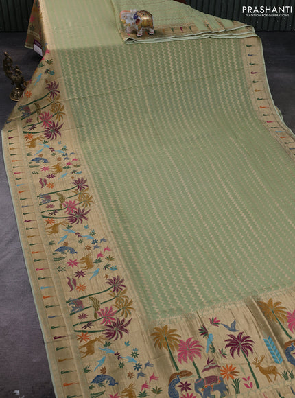 Banarasi semi georgette saree pista green with allover zari zigzag weaves and paithani style border