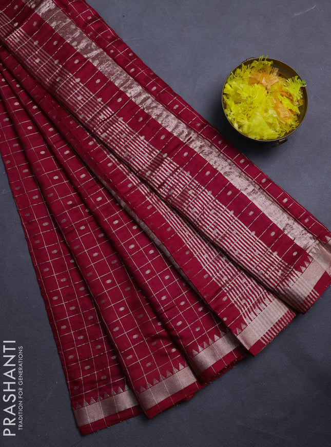 Semi chanderi saree maroon and dark green with allover zari checks & buttas and zari woven border