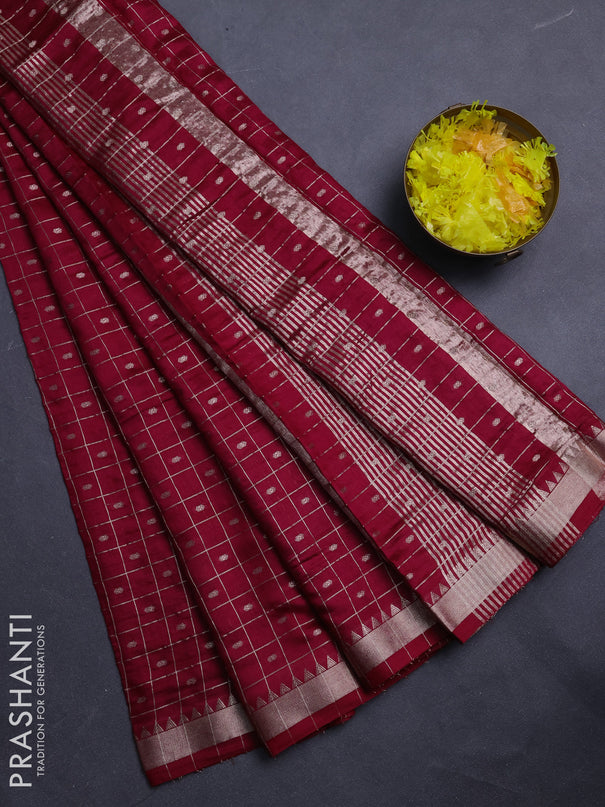 Semi chanderi saree maroon and dark green with allover zari checks & buttas and zari woven border