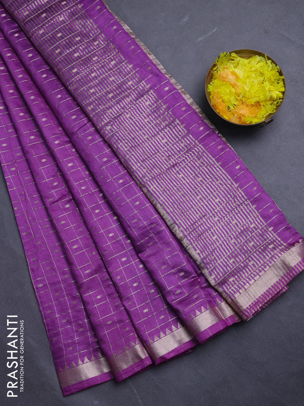 Semi chanderi saree purple and navy blue with allover zari checks & buttas and zari woven border