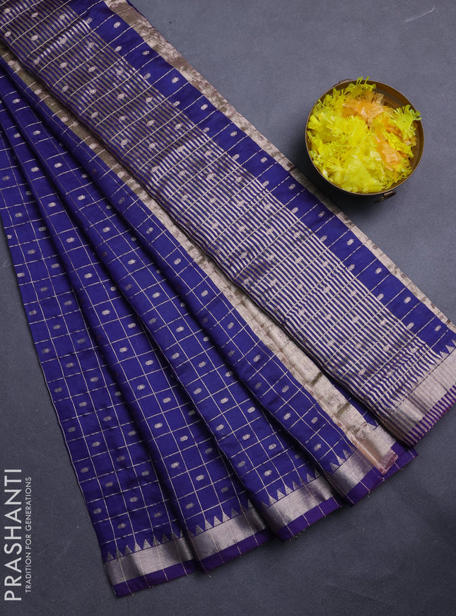 Semi chanderi saree navy blue and light green with allover zari checks & buttas and zari woven border