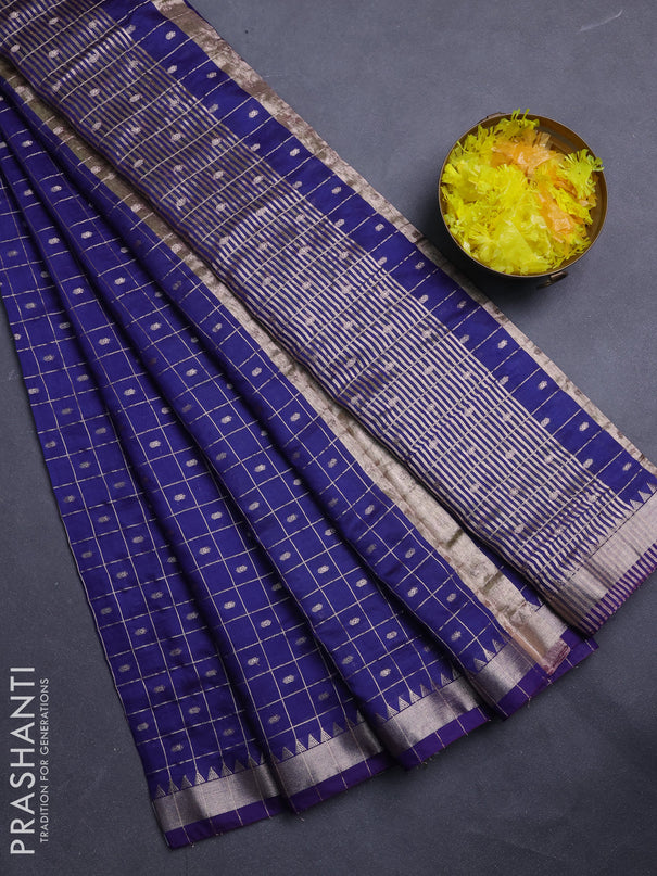 Semi chanderi saree navy blue and light green with allover zari checks & buttas and zari woven border