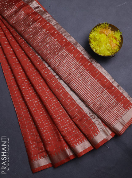 Semi chanderi saree rust shade and deep wine with allover zari checks & buttas and zari woven border