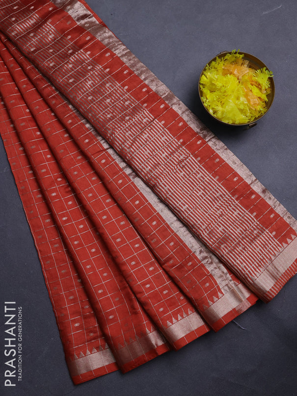 Semi chanderi saree rust shade and deep wine with allover zari checks & buttas and zari woven border