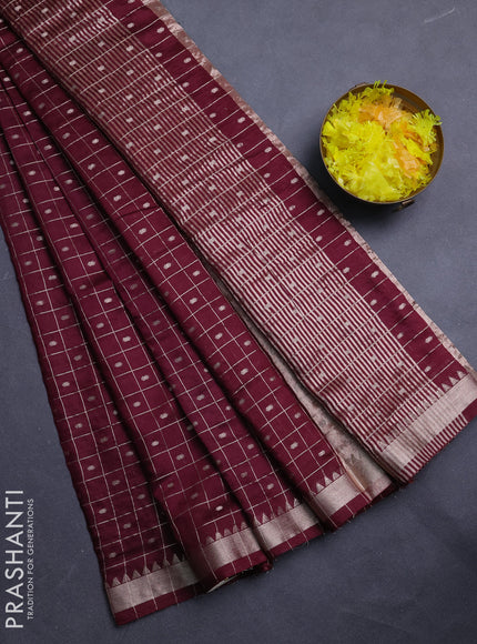Semi chanderi saree deep wine and rust shade with allover zari checks & buttas and zari woven border