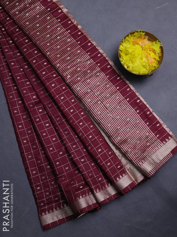 Semi chanderi saree deep wine and rust shade with allover zari checks & buttas and zari woven border