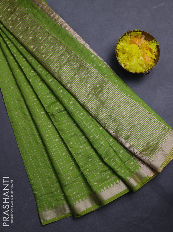 Semi chanderi saree light green and navy blue with allover zari checks & buttas and zari woven border
