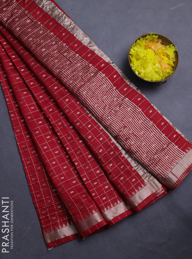 Semi chanderi saree maroon and green with allover zari checks & buttas and zari woven border