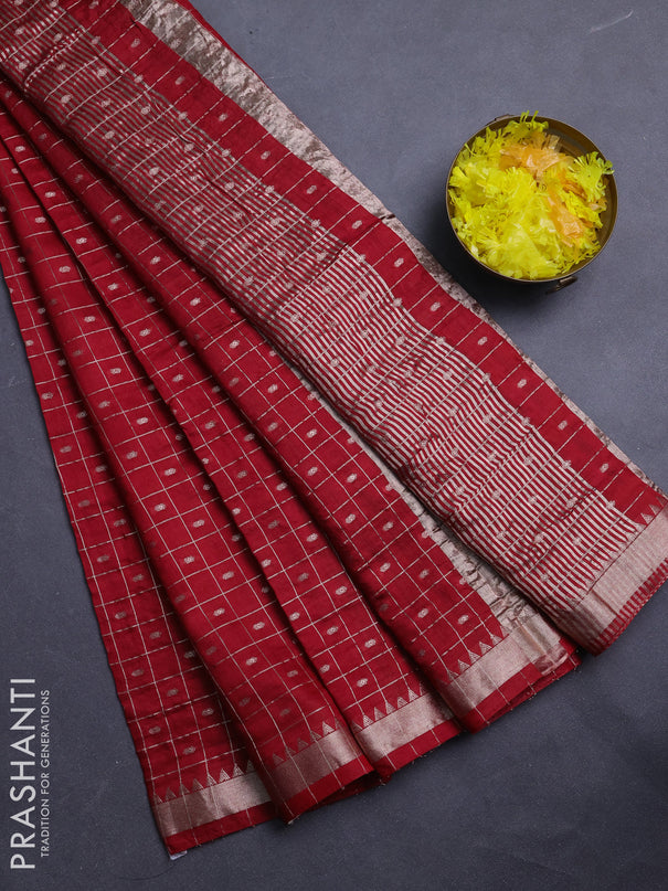 Semi chanderi saree maroon and green with allover zari checks & buttas and zari woven border