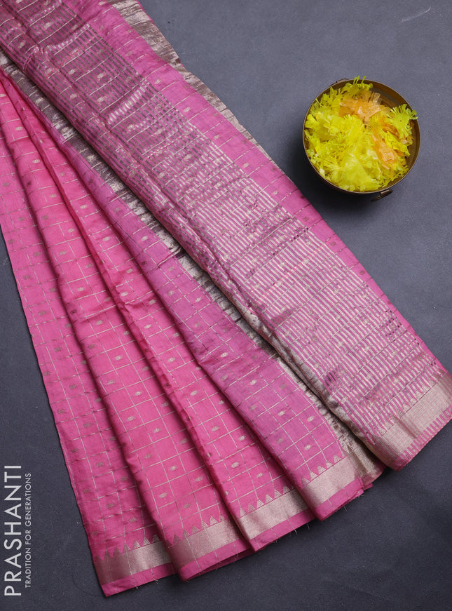 Semi chanderi saree light pink and navy blue with allover zari checks & buttas and zari woven border
