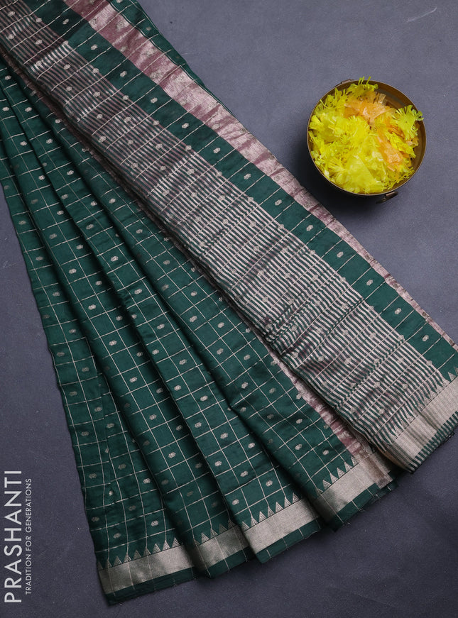 Semi chanderi saree bottle green and light pink with allover zari checks & buttas and zari woven border