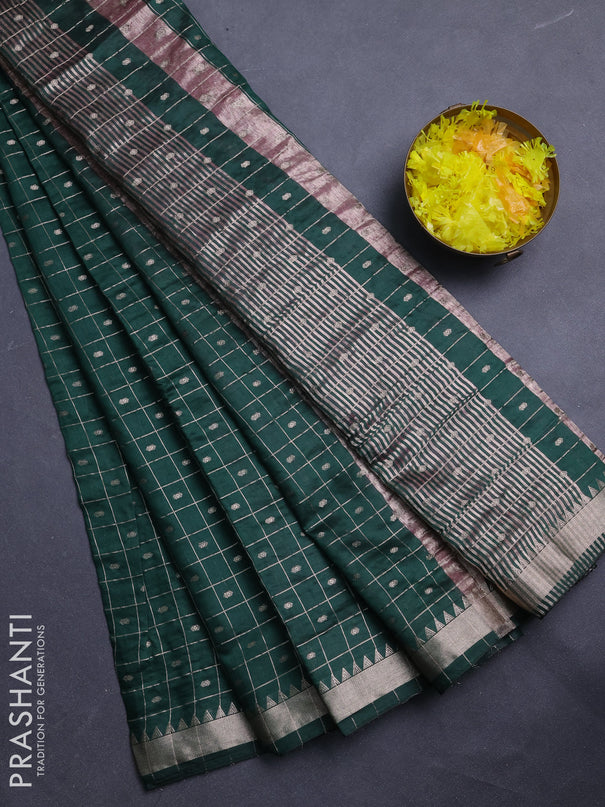 Semi chanderi saree bottle green and light pink with allover zari checks & buttas and zari woven border