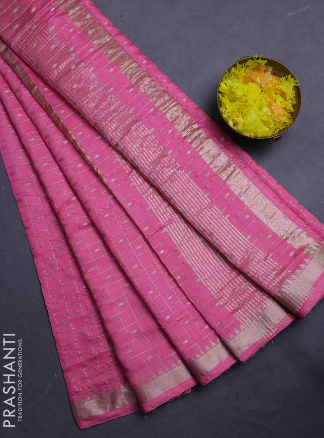 Semi chanderi saree light pink and rust shade with allover zari checks & buttas and zari woven border