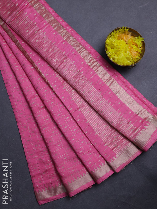 Semi chanderi saree light pink and rust shade with allover zari checks & buttas and zari woven border