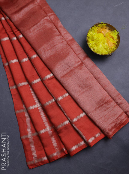 Semi chanderi saree rust shade and wine shade with allover zari checked pattern in borderless style