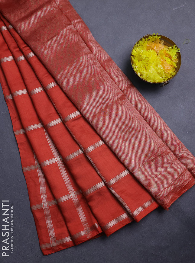 Semi chanderi saree rust shade and wine shade with allover zari checked pattern in borderless style