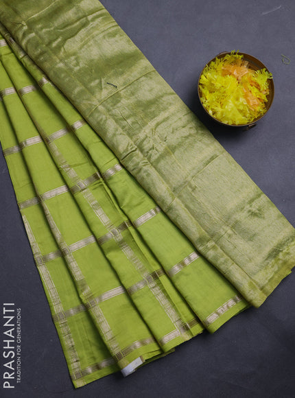 Semi chanderi saree light green and bottle green with allover zari checked pattern in borderless style