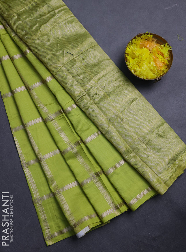 Semi chanderi saree light green and bottle green with allover zari checked pattern in borderless style
