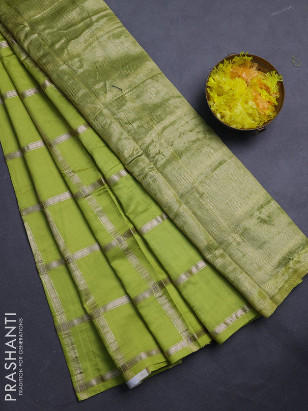 Semi chanderi saree light green and bottle green with allover zari checked pattern in borderless style