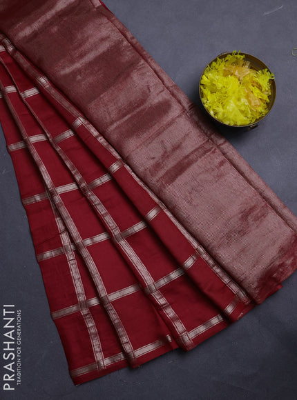 Semi chanderi saree red and green with allover zari checked pattern in borderless style