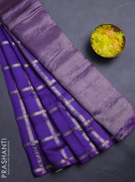 Semi chanderi saree violet and light green with allover zari checked pattern in borderless style