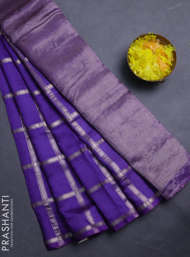 Semi chanderi saree violet and light green with allover zari checked pattern in borderless style
