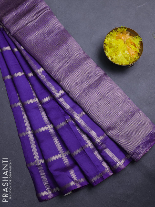 Semi chanderi saree violet and light green with allover zari checked pattern in borderless style