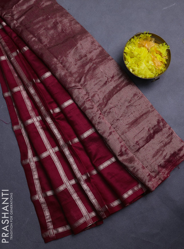 Semi chanderi saree deep maroon and green with allover zari checked pattern in borderless style