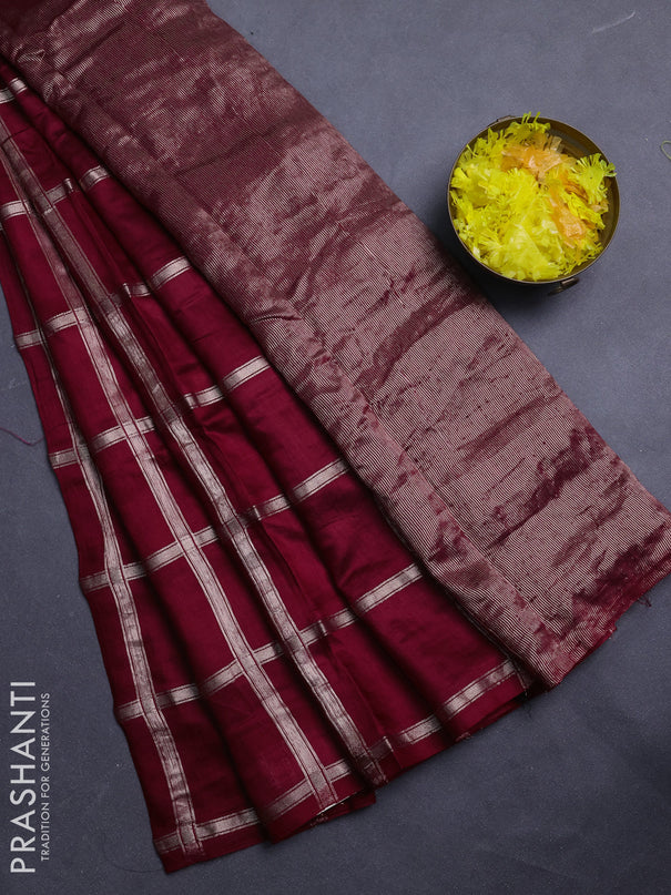 Semi chanderi saree deep maroon and green with allover zari checked pattern in borderless style