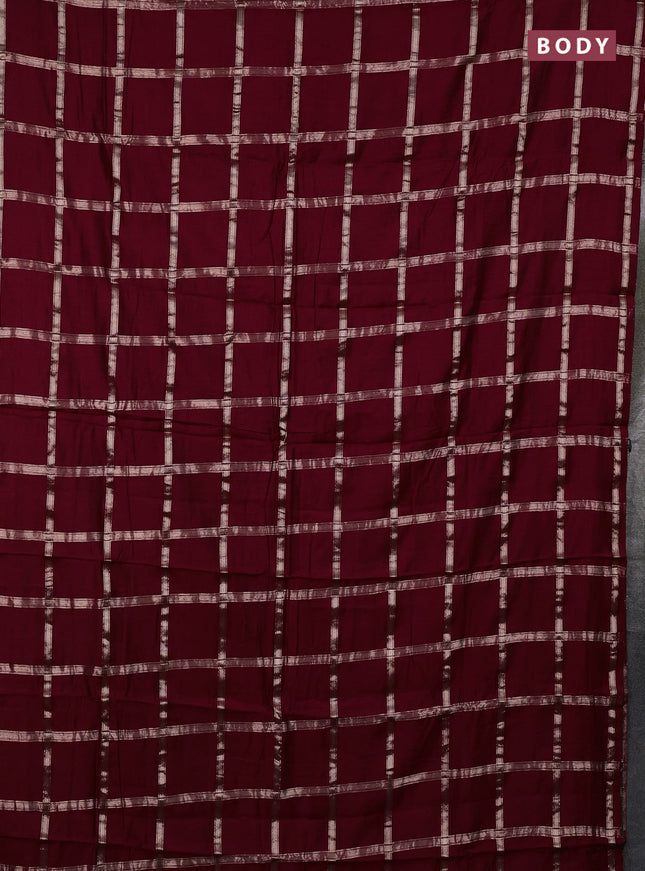 Semi chanderi saree deep maroon and green with allover zari checked pattern in borderless style