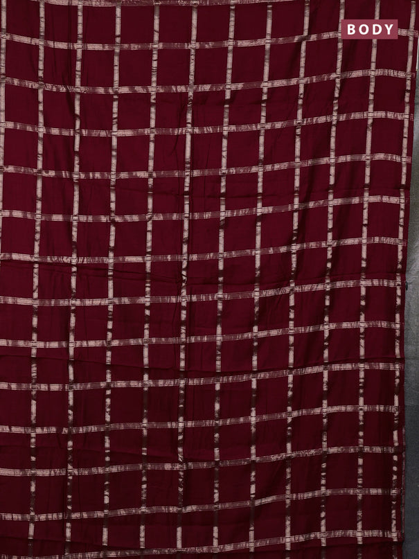 Semi chanderi saree deep maroon and green with allover zari checked pattern in borderless style