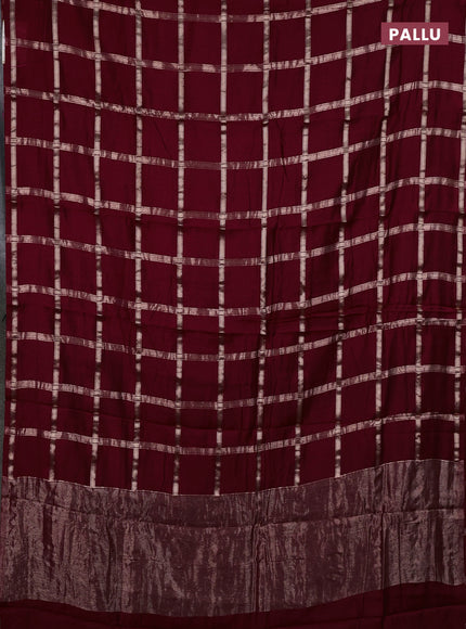 Semi chanderi saree deep maroon and green with allover zari checked pattern in borderless style