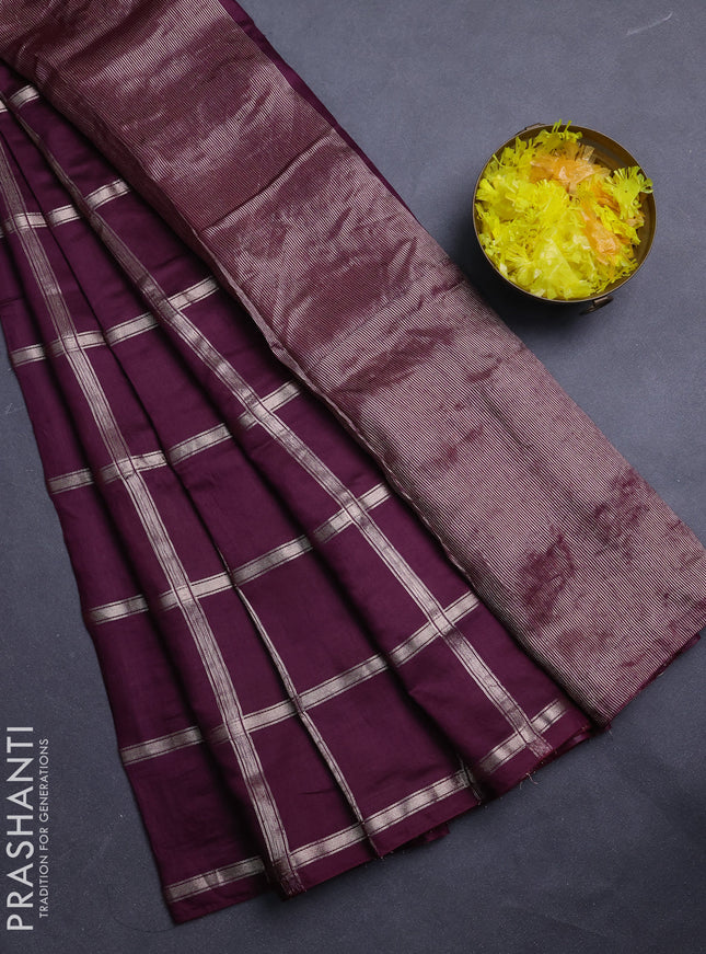 Semi chanderi saree deep wine and rust shade with allover zari checked pattern in borderless style