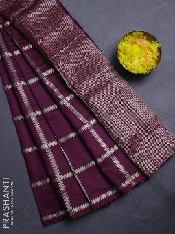 Semi chanderi saree deep wine and rust shade with allover zari checked pattern in borderless style