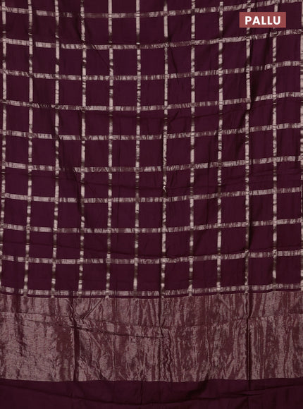 Semi chanderi saree deep wine and rust shade with allover zari checked pattern in borderless style