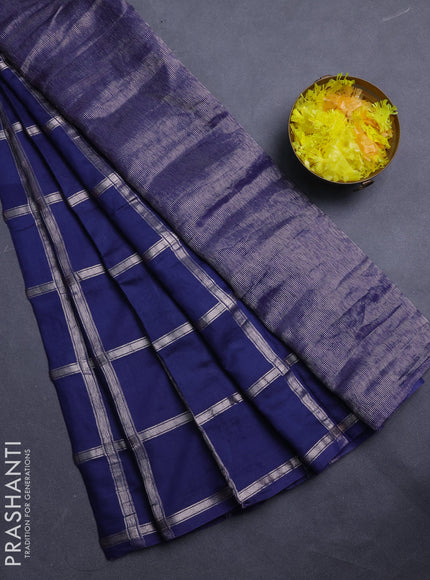 Semi chanderi saree navy blue and violet with allover zari checked pattern in borderless style