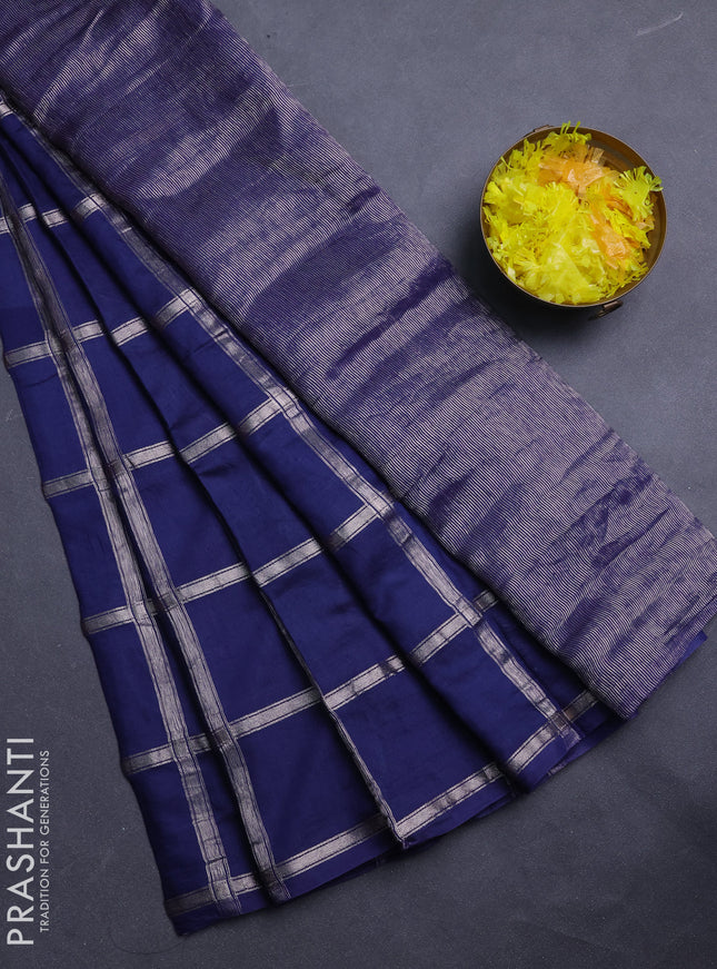 Semi chanderi saree navy blue and violet with allover zari checked pattern in borderless style