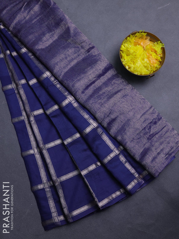 Semi chanderi saree navy blue and violet with allover zari checked pattern in borderless style