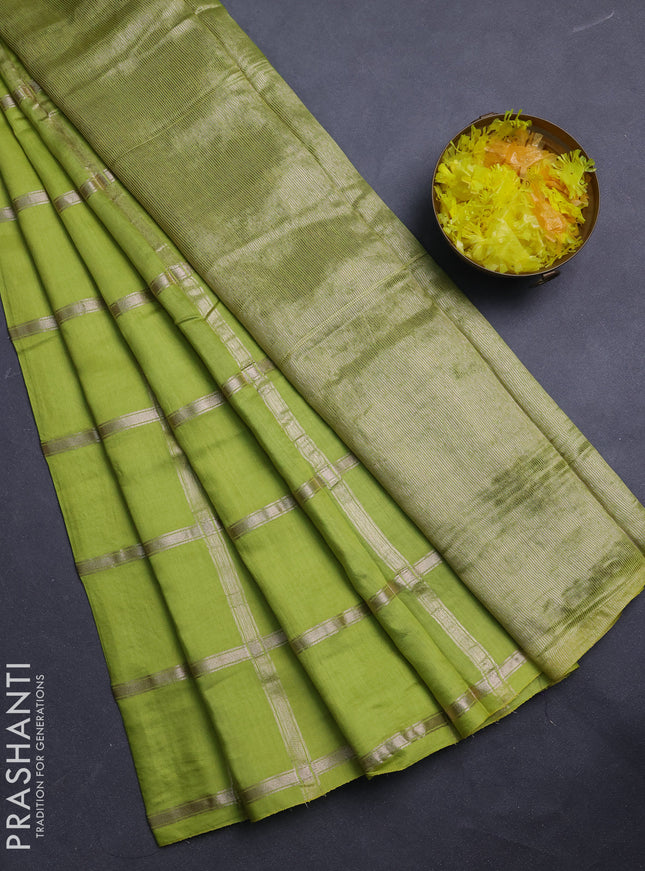 Semi chanderi saree light green and violet with allover zari checked pattern in borderless style