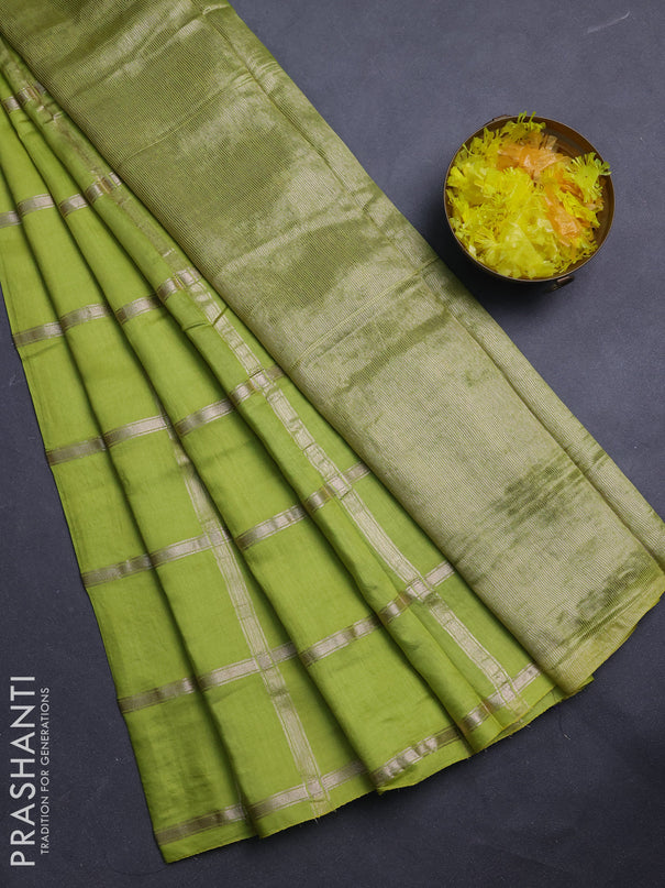 Semi chanderi saree light green and violet with allover zari checked pattern in borderless style