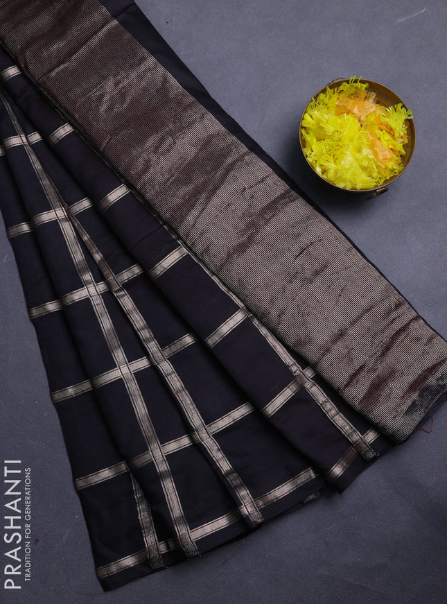 Semi chanderi saree black and red with allover zari checked pattern in borderless style